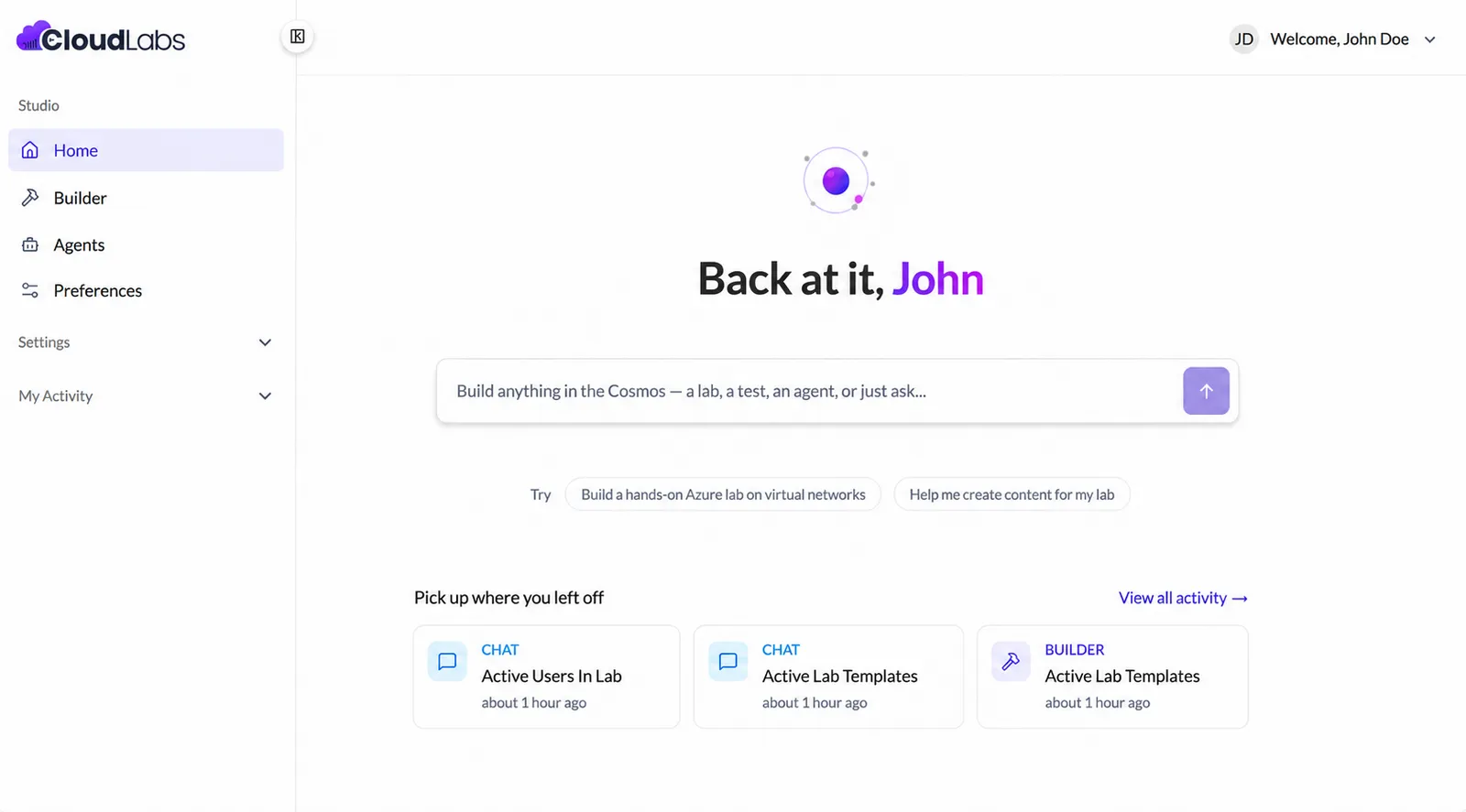 CloudLabs Cosmos AI home: build labs, tests, and agents from a single prompt
