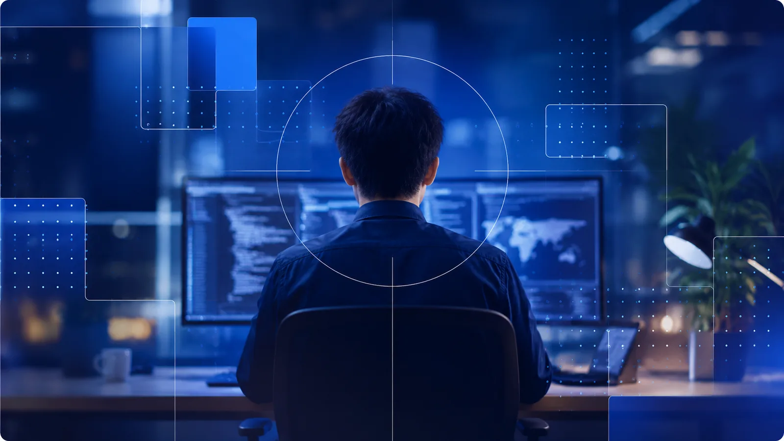 Developer working through a hands-on lab at a multi-monitor workstation